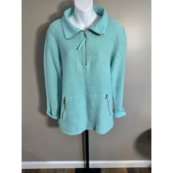Soft Surroundings Luxe Sherpa Pullover L 1/4 Zip Fleece Sweatshirt GREEN Plush - Picture 1 of 7